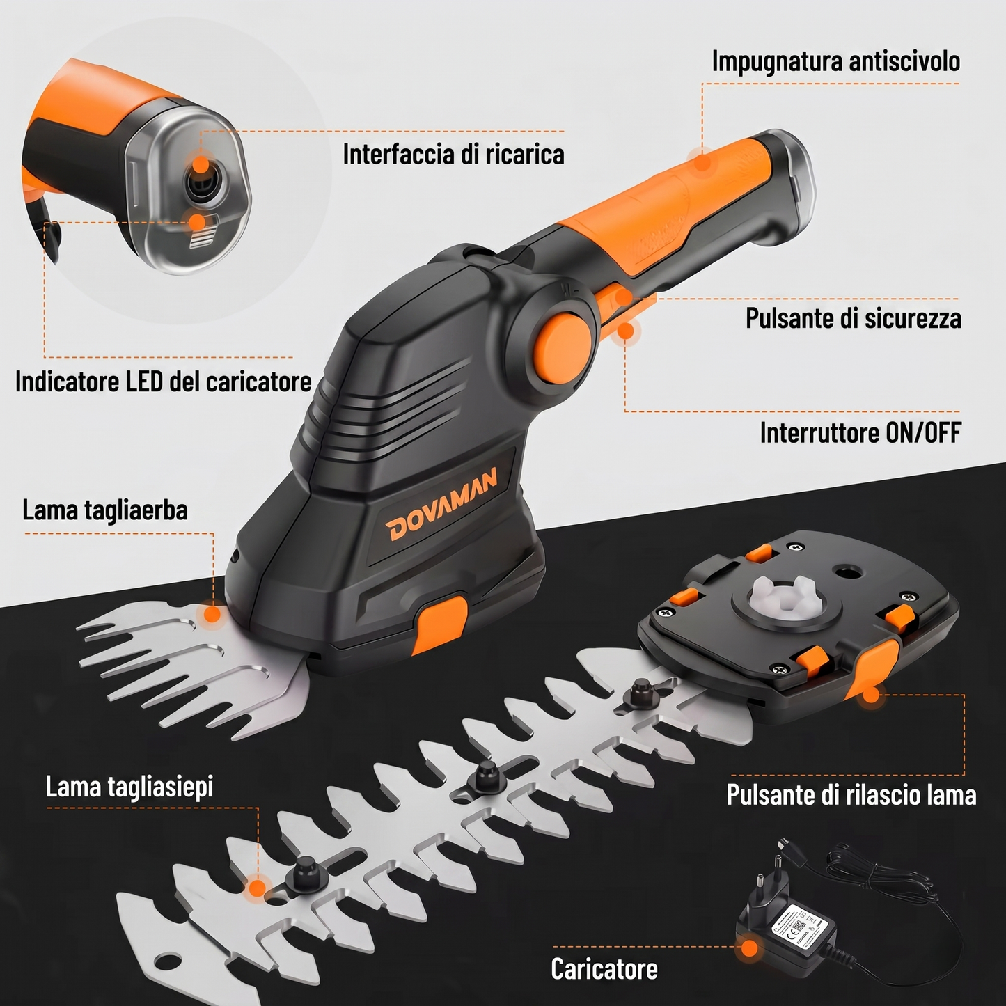 Cesoie da Giardino a Batteria DOVAMAN 7.2V | Tagliasiepi Elettrico 2 in 1 Leggero con Manico Regolabile