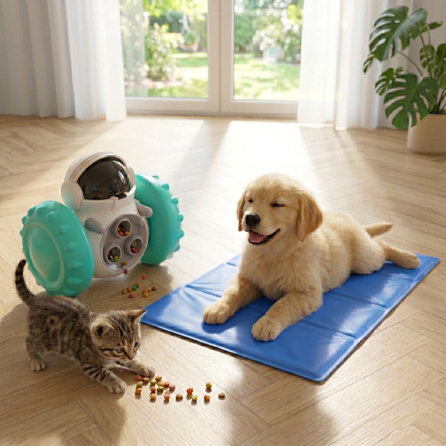 Kit Estate Cane e Gatto 2-in-1 | Tappetino Rinfrescante in Gel + Gioco Dispenser Interattivo Azzurro