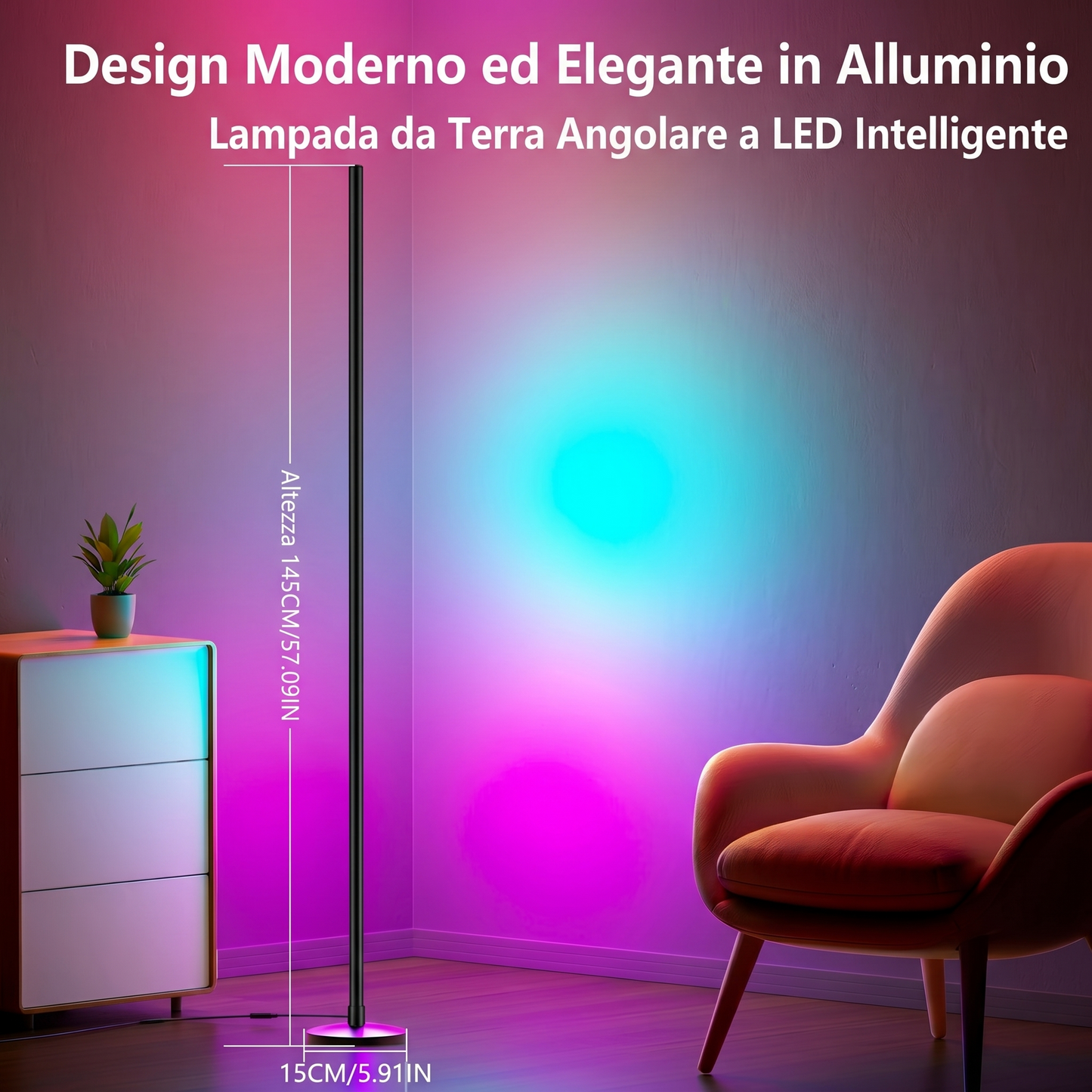 Lampada da Terra Angolare LED RGB-IC | Piantana Smart in Alluminio con App e Sincronizzazione Musicale (145 cm)