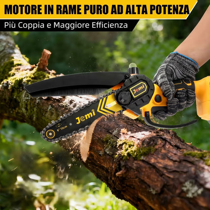 Mini Motosega a Batteria Jemi 6" | Potatura a Una Mano con Lubrificazione Automatica