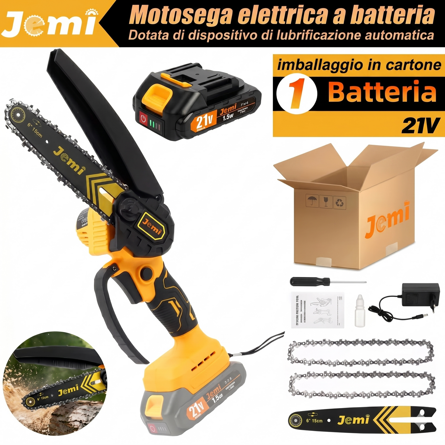 Mini Motosega a Batteria Jemi 6" | Potatura a Una Mano con Lubrificazione Automatica