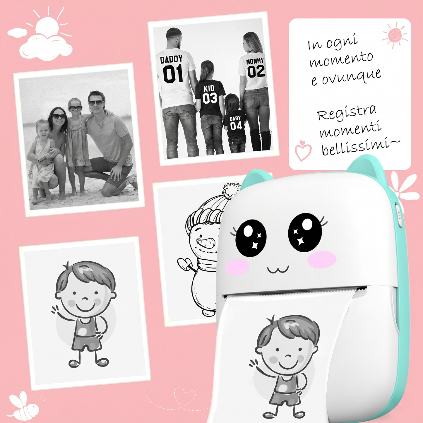 Mini Stampante Termica Portatile Bluetooth | Fotografica ed Etichettatrice Senza Inchiostro (Design Kawaii)