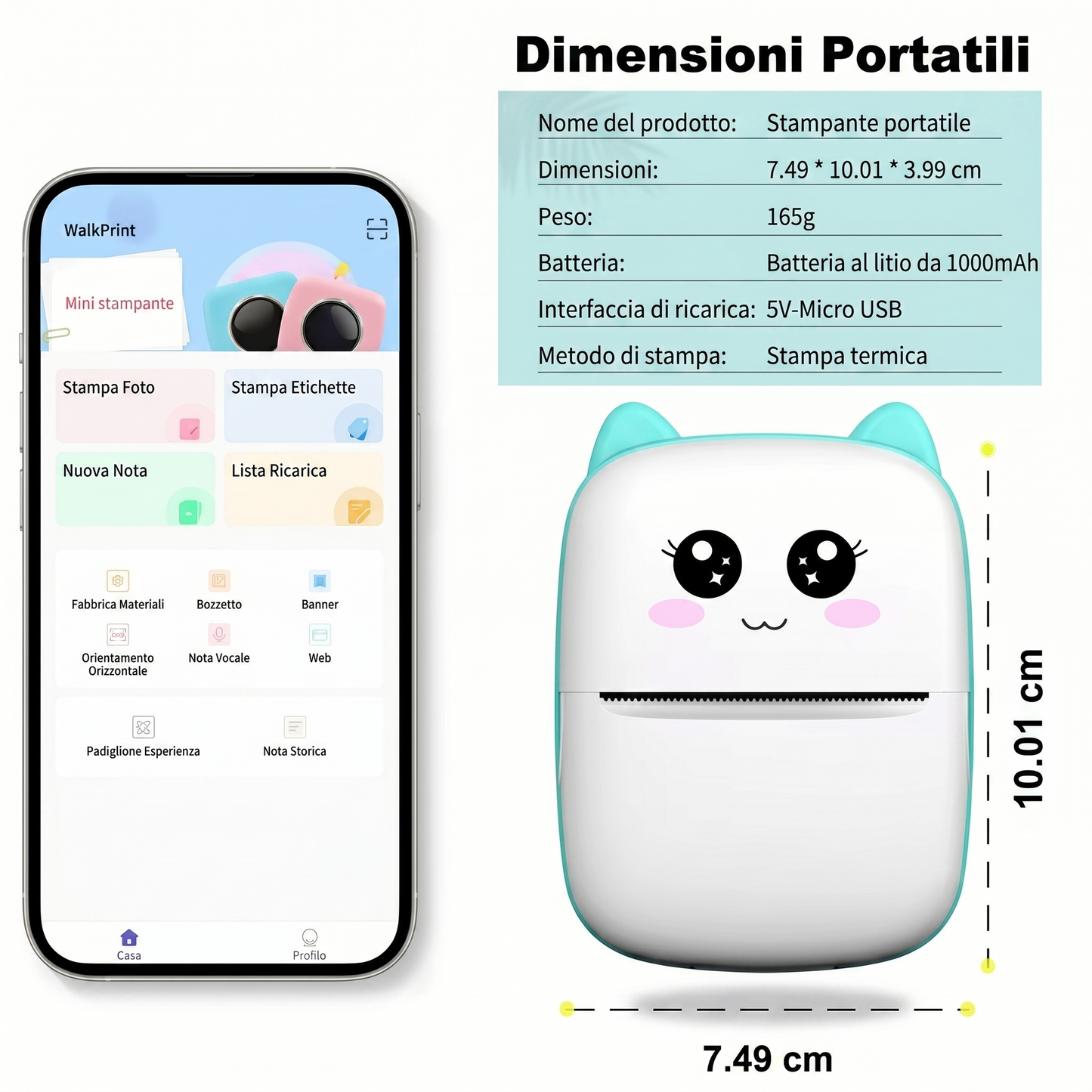 Mini Stampante Termica Portatile Bluetooth | Fotografica ed Etichettatrice Senza Inchiostro (Design Kawaii)