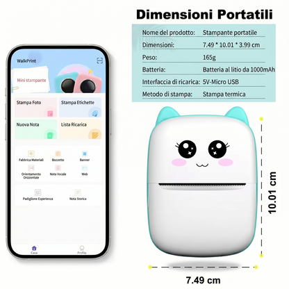Mini Stampante Termica Portatile Bluetooth | Fotografica ed Etichettatrice Senza Inchiostro (Design Kawaii)