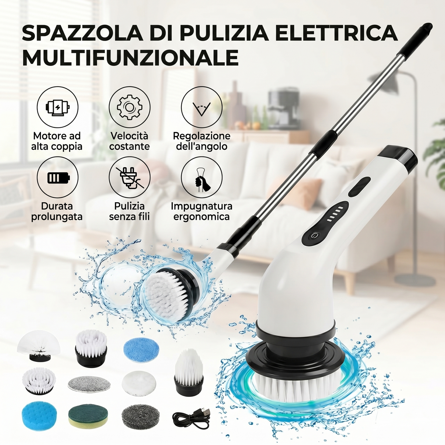 Spazzola Elettrica Rotante 9 in 1 Senza Fili | Scrubber Telescopico con Smart Display LED