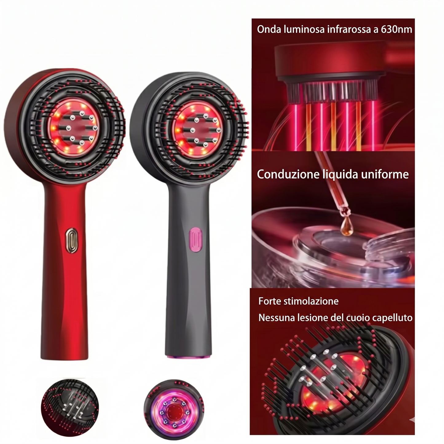 Spazzola Massaggiante Cuoio Capelluto 3-in-1 | Terapia a Luce Rossa, Microcorrente e Applicatore Sieri