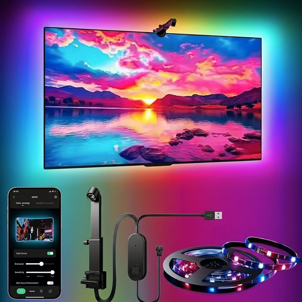 Kit Retroilluminazione TV LED RGBIC con Fotocamera | Sincronizzazione Schermo Smart e App (55-75 Pollici)