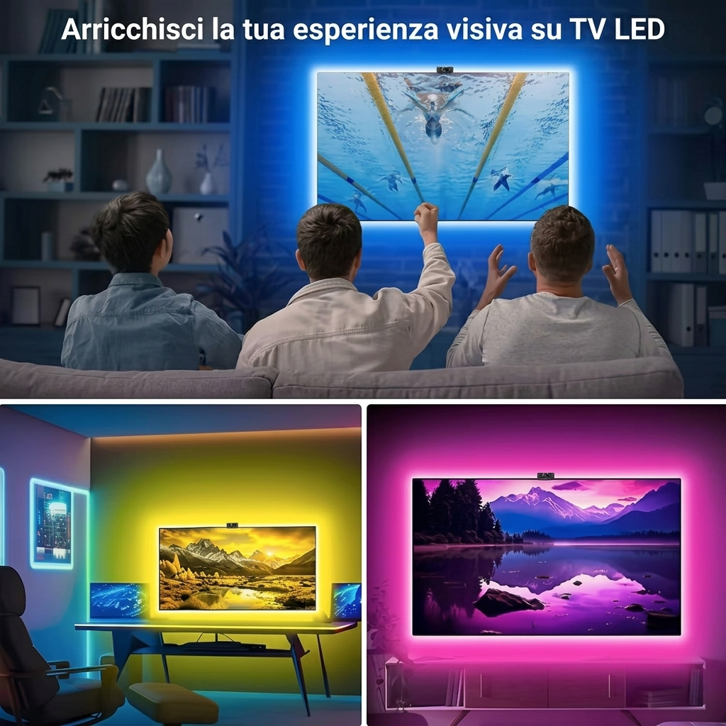 Kit Retroilluminazione TV LED RGBIC con Fotocamera | Sincronizzazione Schermo Smart e App (55-75 Pollici)